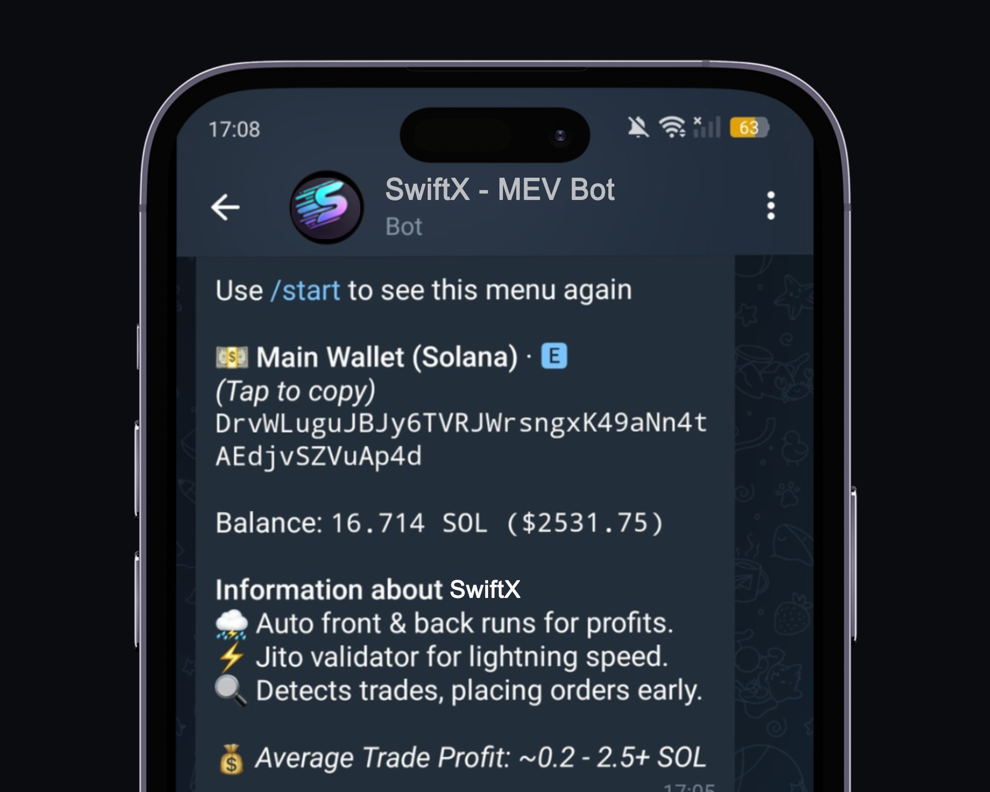 Fund Your Wallet for SwiftX MEV Bot. Start trading on the Solana blockchain by depositing funds into your wallet, competing with top Solana bots like Jito. SwiftX is the fastest mevbot currently available.